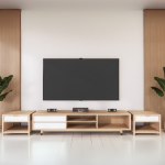 Light Wood TV Unit with Open Shelving and Drawers