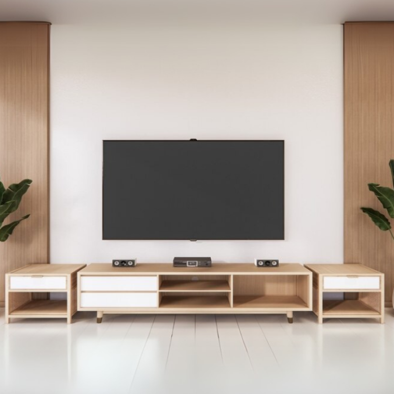 Light Wood TV Unit with Open Shelving and Drawers