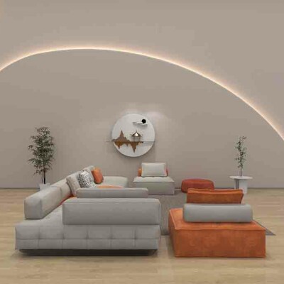 BH Engineered White & Orange Fabric Sofa
