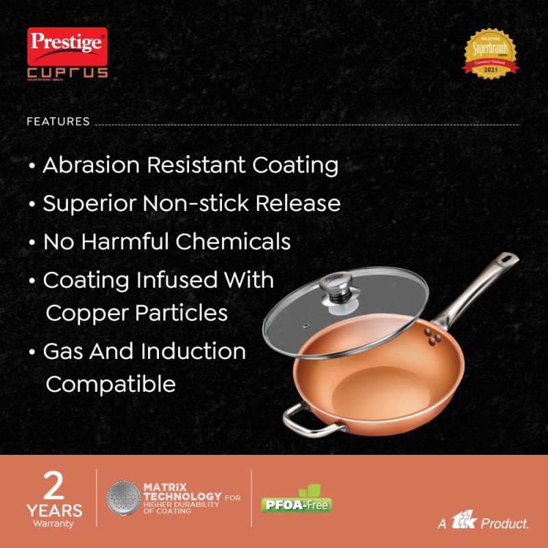 Prestige Cuprus Non-Stick Kadai With Glass Lid, 260MM