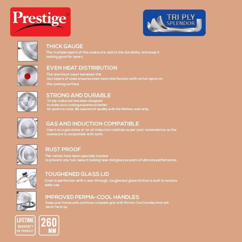 Prestige Tri Ply Splendor Kadai 260MM