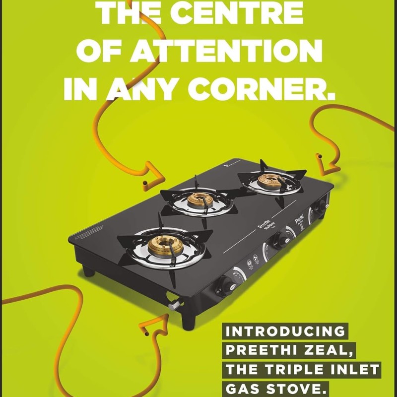 Preethi ZEAL Glass Top 3 Burner Gas Stove