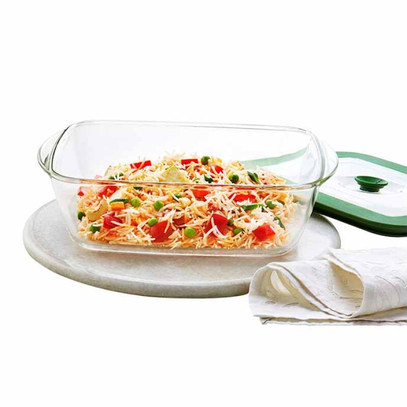 Borosil Rectangular Dish With Green Lid 2.6L