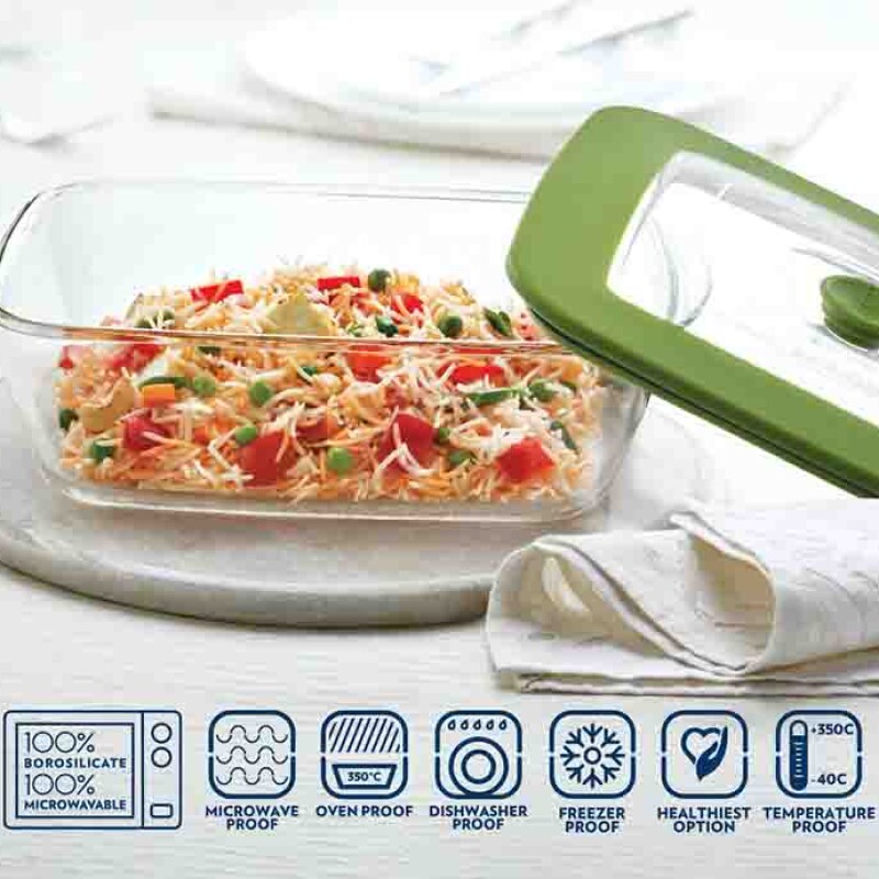 Borosil Rectangular Dish With Green Lid 2.6L