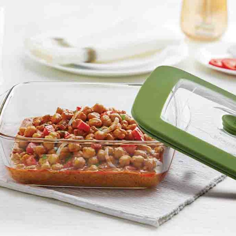 Borosil Square Dish With Green Lid 2.2L
