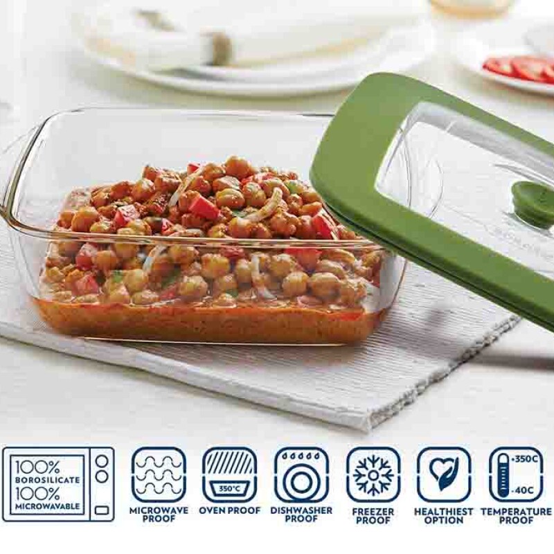 Borosil Square Dish With Green Lid 2.2L