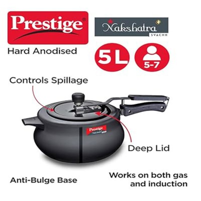 Prestige Nakshatra Plus Svachh Hard Anodised Spillage Control Handi Inner Lid Pressure Cooker, 5L