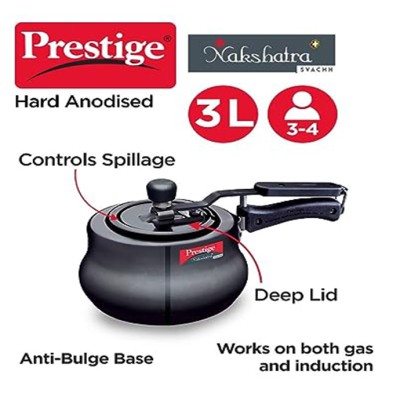 Prestige Nakshatra Plus Svachh Hard Anodised Spillage Control Handi Inner Lid Pressure Cooker, 3L(Black)