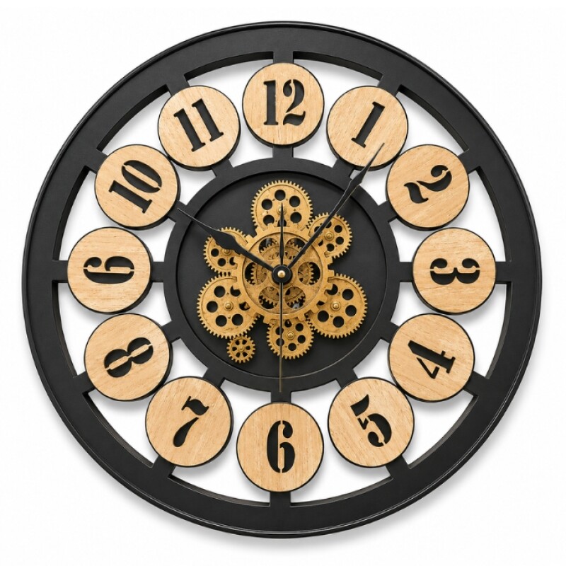 Vintage Gear Wooden Wall Clock – Black Industrial Frame (TY 115)