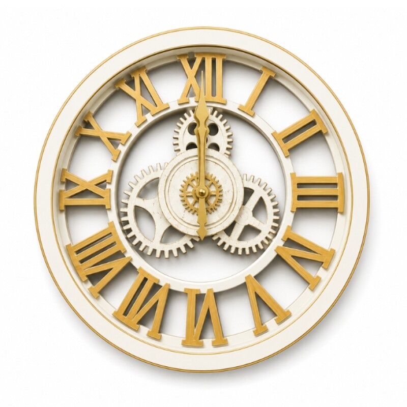 Luxury Roman Gear Wall Clock – White & Gold Design