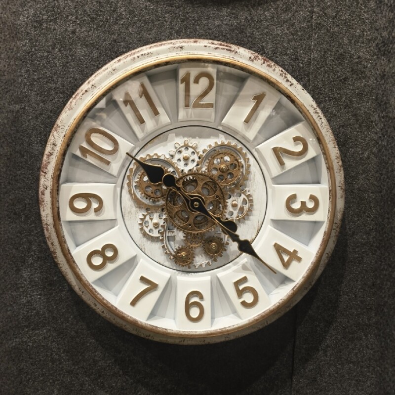 Vintage Gear Wall Clock – Rustic White & Gold Design