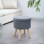 Round Storage Ottoman with Wooden Legs in Grey Fabric