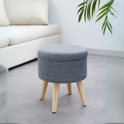 Round Storage Ottoman with Wooden Legs in Grey Fabric