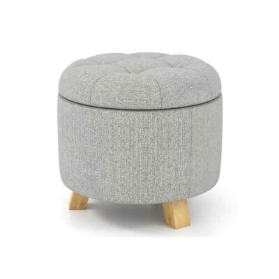 Round Tufted Storage Ottoman with Wooden Legs