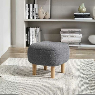Square Tufted Ottoman with Wooden Legs in Grey Fabric