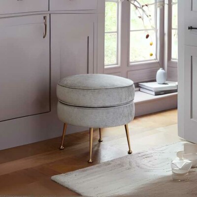 Round Velvet Ottoman with Gold Metal Legs