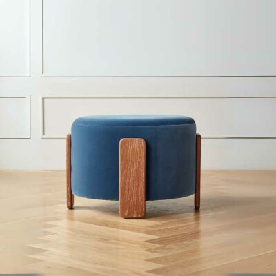 Round Fibre Ottoman with Wooden Legs Blue