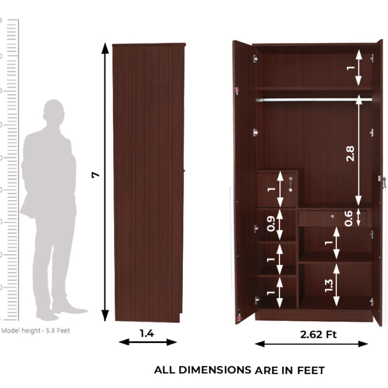 Engineering Wood 2 Door Wardrobe in Mahagony