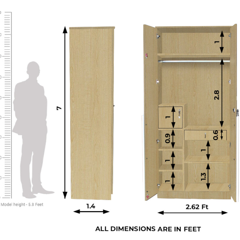 Engineering Wood 2 Door Wardrobe in Alberta Maple & White