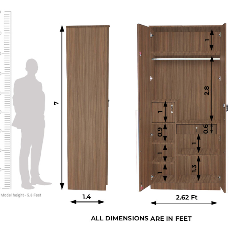 Engineering Wood 2 Door Wardrobe in Lorraine Walnut & White