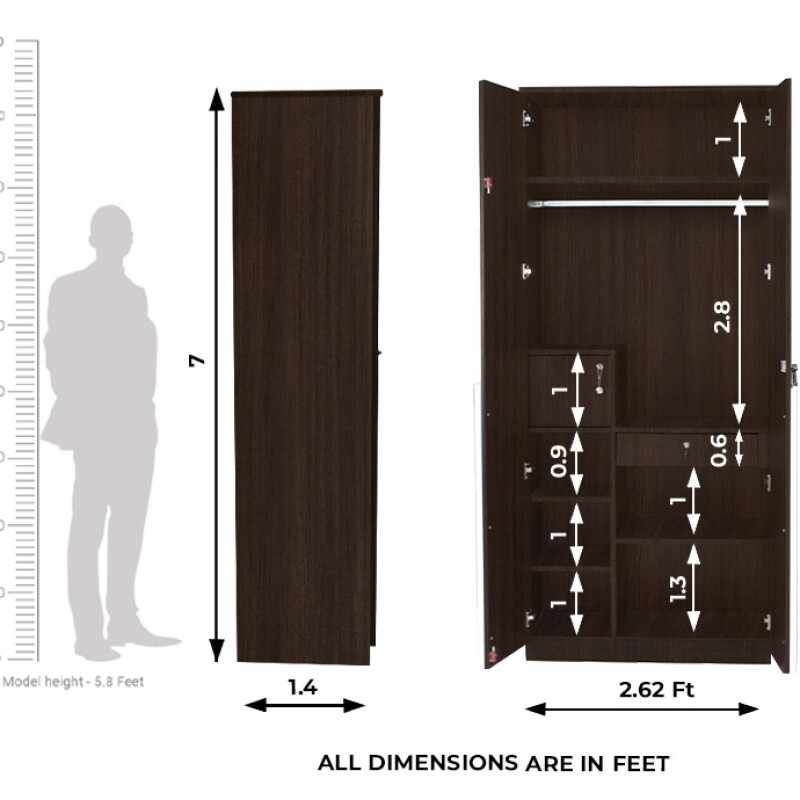Engineering Wood 2 Door Wardrobe in Brown Teak & White