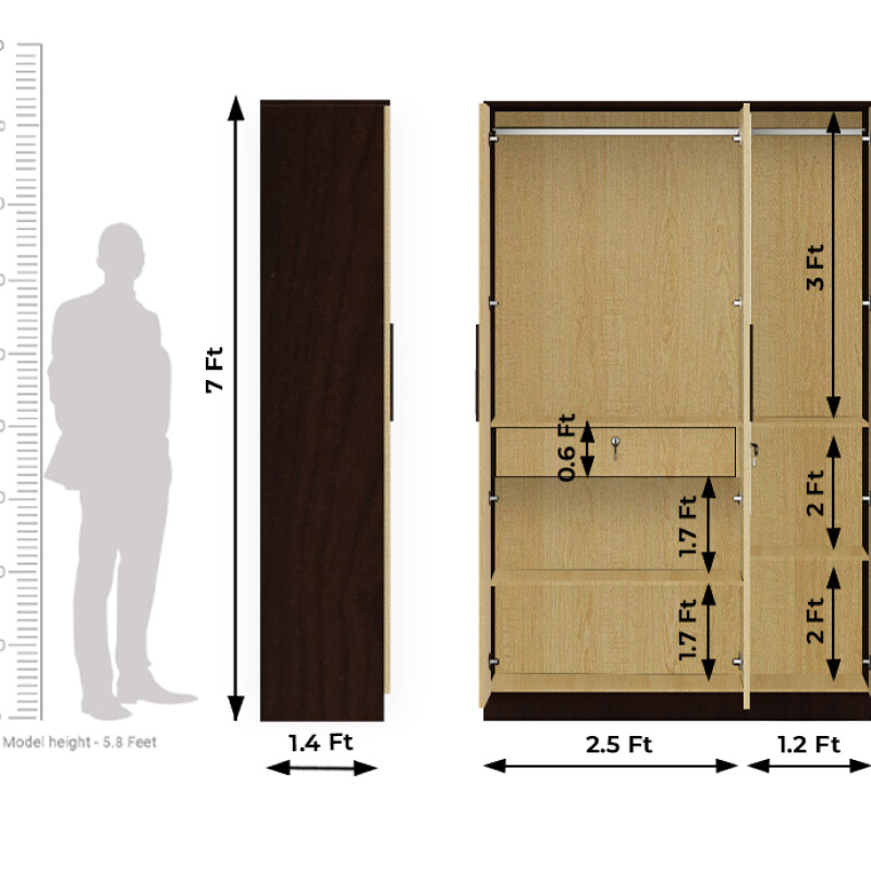 BHF 3 Door Wardrobe in Alberta Maple & Choco Walnut Finish