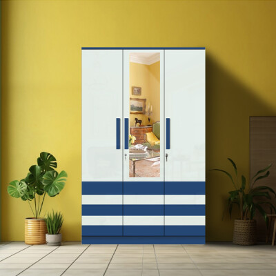 BHF 3 Door Wardrobe in Electric Blue & Silver Grey Finish