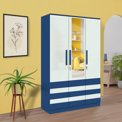 BHF 3 Door Wardrobe in Electric Blue & Silver Grey Finish