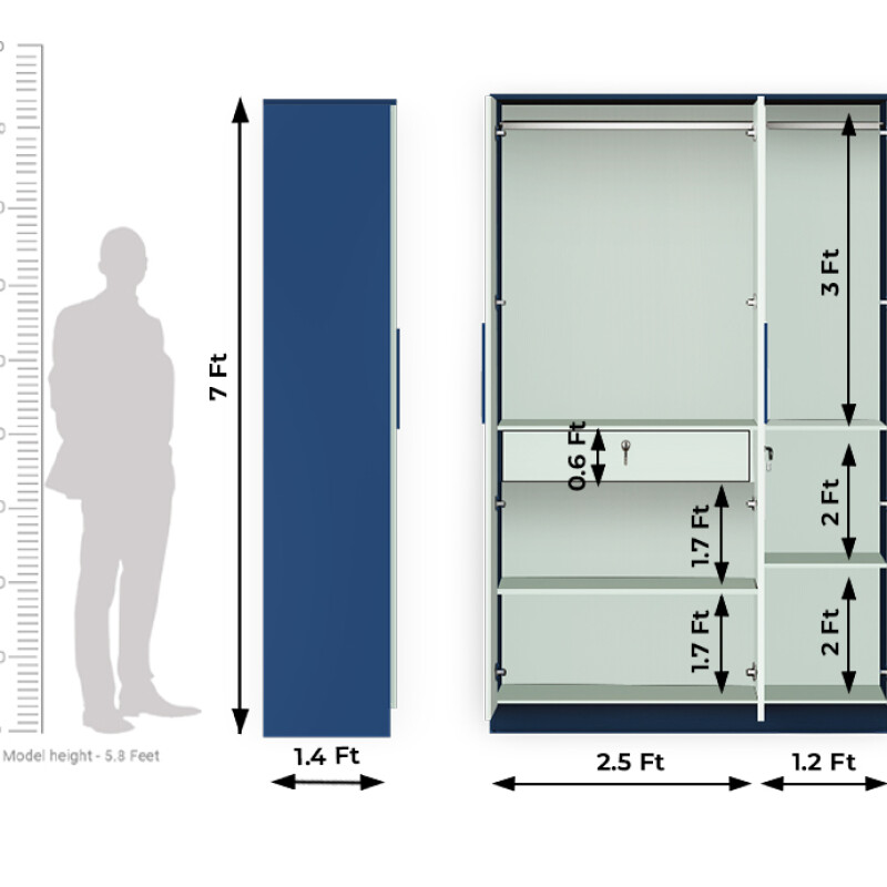 BHF 3 Door Wardrobe in Electric Blue & Silver Grey Finish