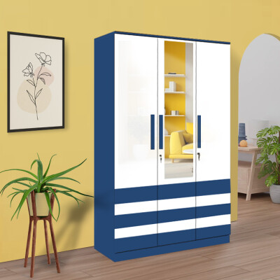 BHF 3 Door Wardrobe in White & Electric Blue Finish