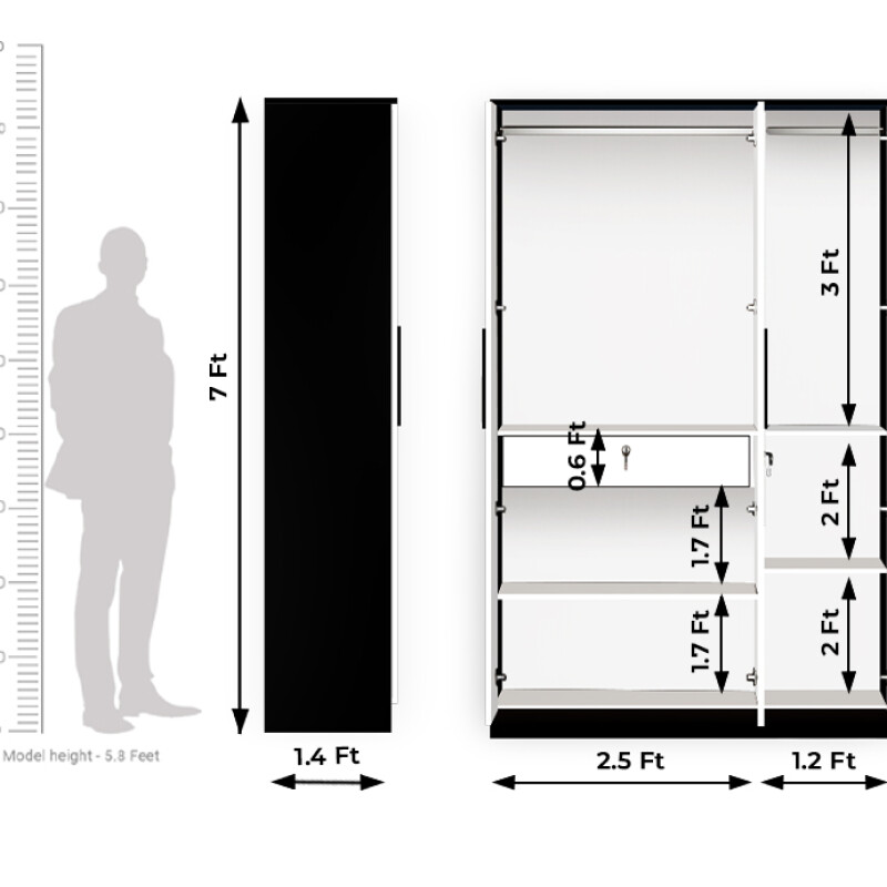 BHF 3 Door Wardrobe in Black & White Finish