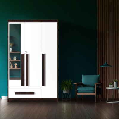 Premium 3 Door Wardrobe in White & Dark Maple Finish