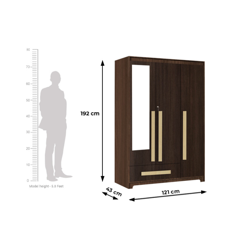 Premium 3 Door Wardrobe in Brown Teak Finish