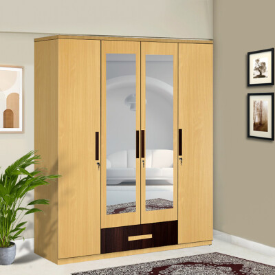 Engineering Wood 4 Door Wardrobe in Dark Maple & Bavarian Beech