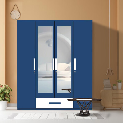 Engineering Wood 4 Door Wardrobe in Electric Blue & White