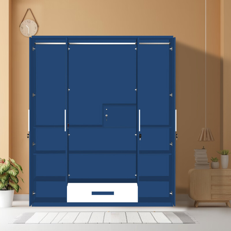 Engineering Wood 4 Door Wardrobe in Electric Blue & White