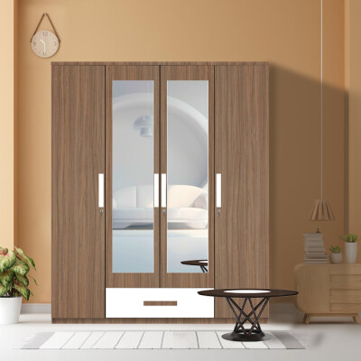 Engineering Wood 4 Door Wardrobe in Lorraine Walnut & White