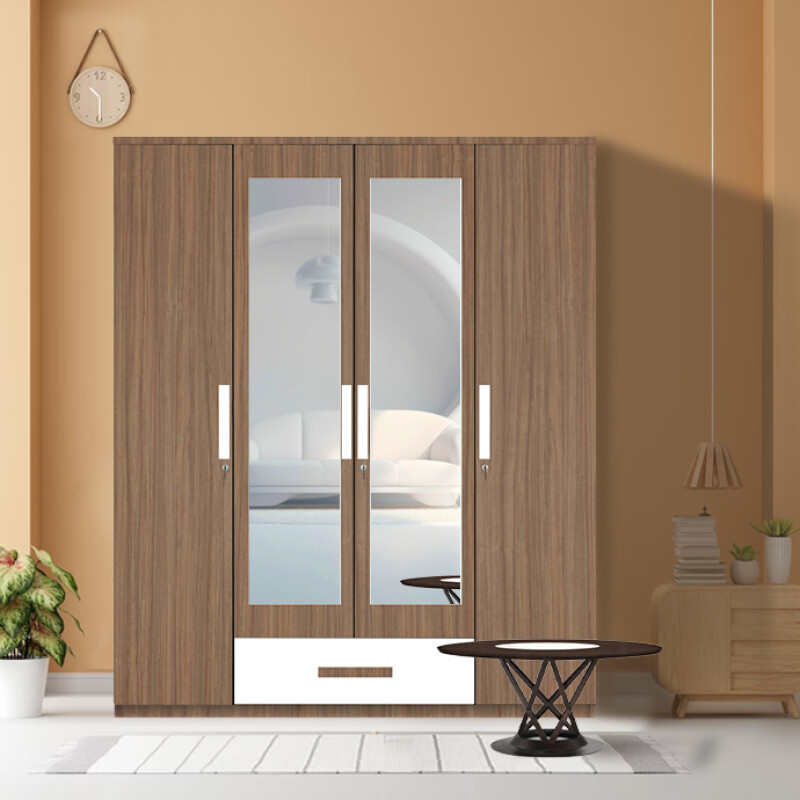 Engineering Wood 4 Door Wardrobe in Lorraine Walnut & White