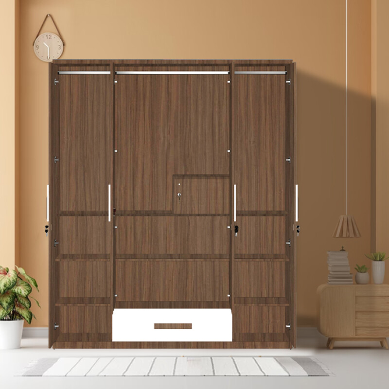 Engineering Wood 4 Door Wardrobe in Lorraine Walnut & White