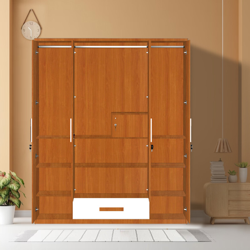 Engineering Wood 4 Door Wardrobe in Oxford Cherry & White