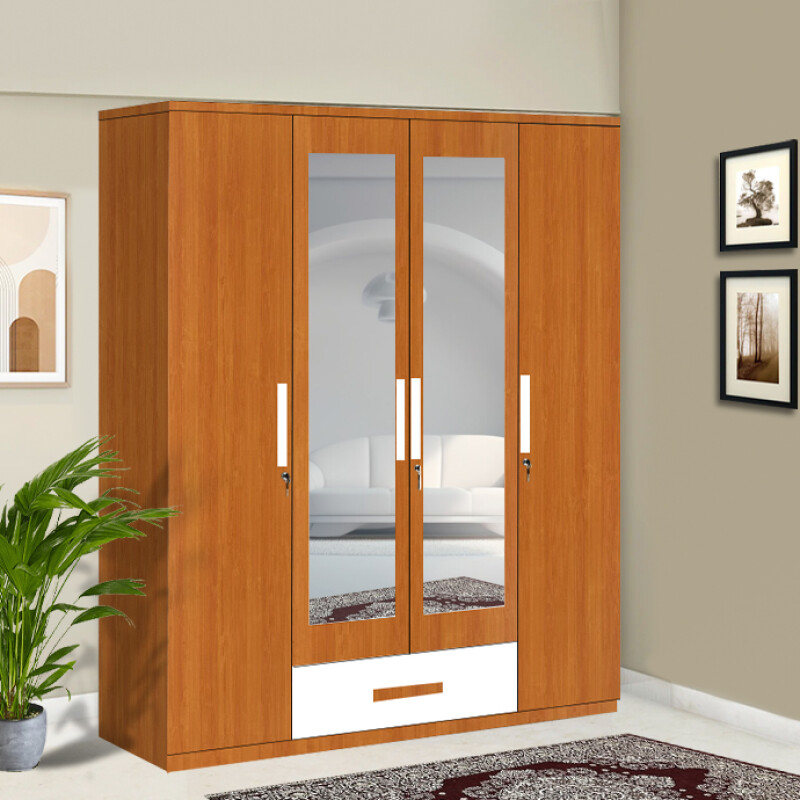 Engineering Wood 4 Door Wardrobe in Oxford Cherry & White